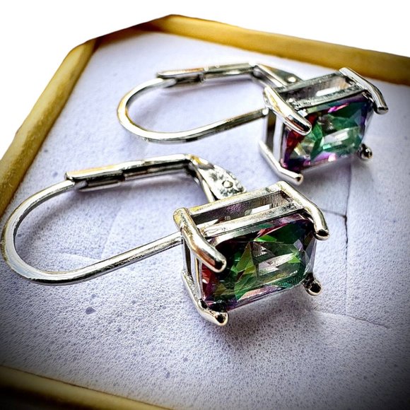 Emerald Cut Rainbow Mystic Topaz Dangle Earrings for Women SIlver Plated - Picture 4 of 10